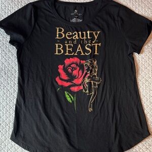 Disney Black Tee with Gold Script and Red Rose Graphic